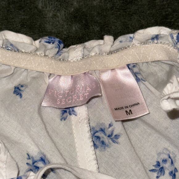 Y2K Victoria’s Secret Slip Dress Women's M White Blue Floral Cotton Bell Sleeve - Picture 4 of 9